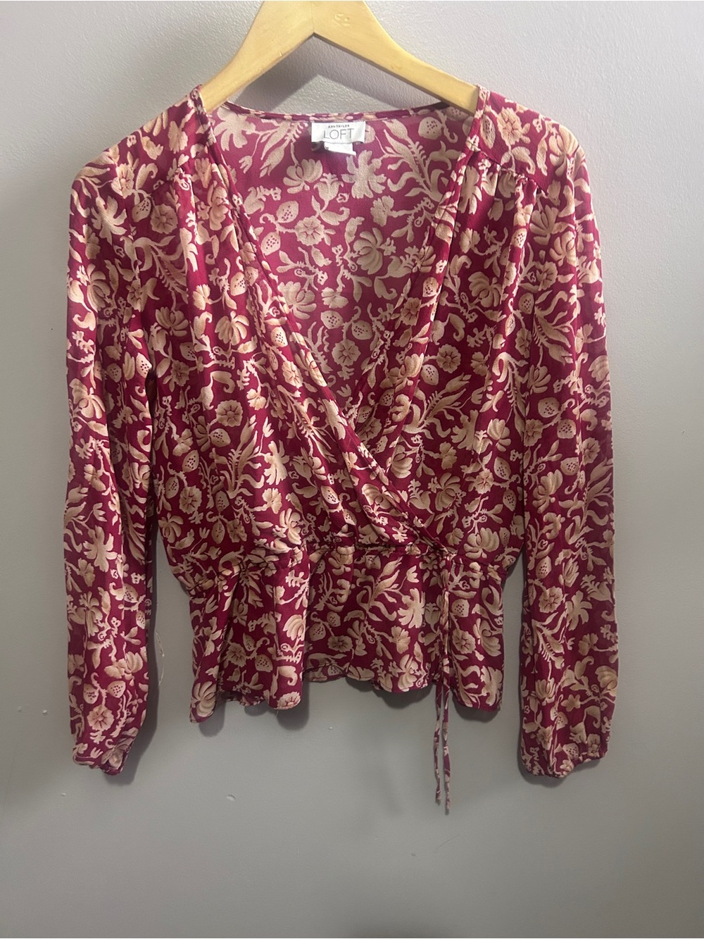 LOFT Burgundy and Cream Floral Wrap Top - Picture 3 of 4